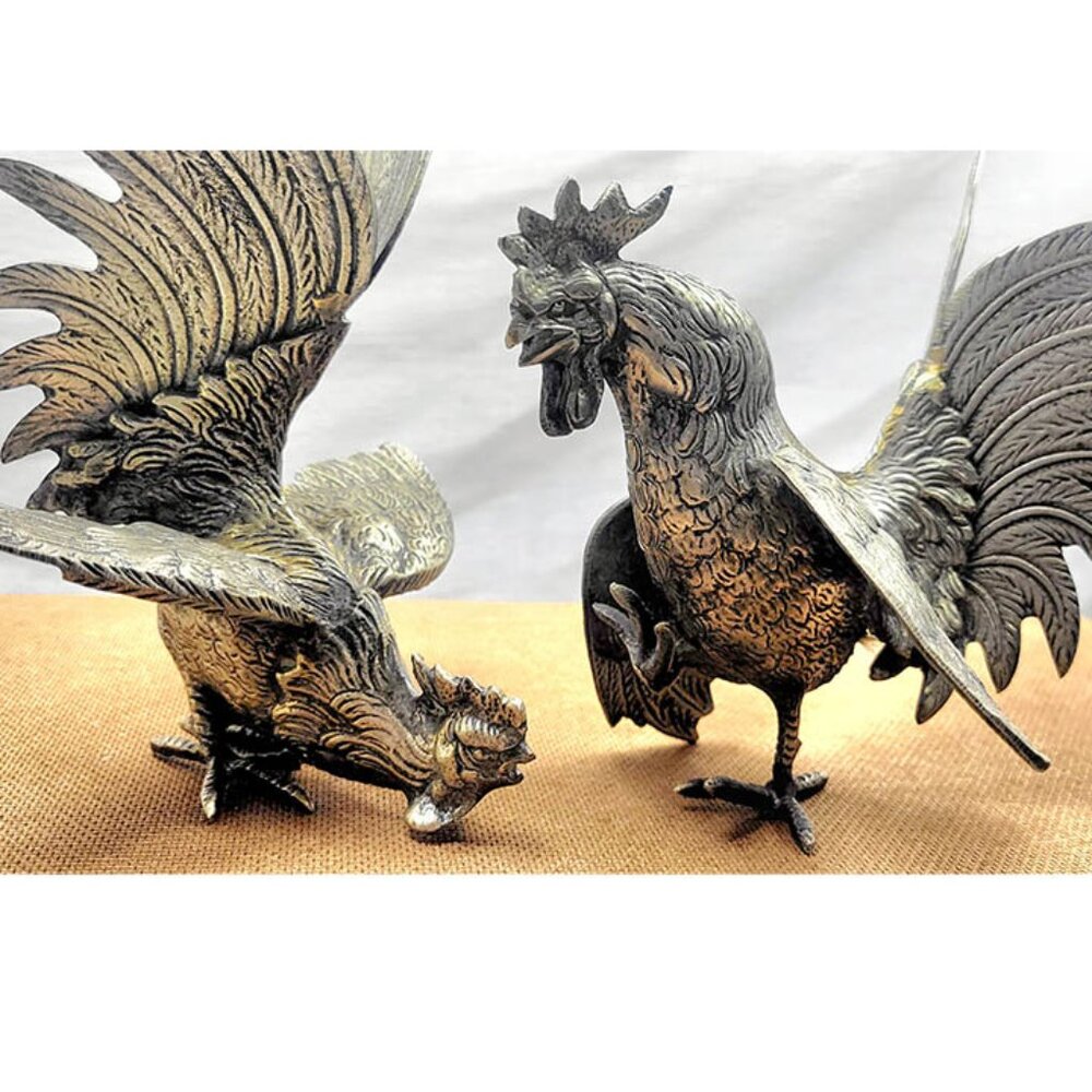 Rooster & Hen Courtship Dance Sculptures- Vintage Metal